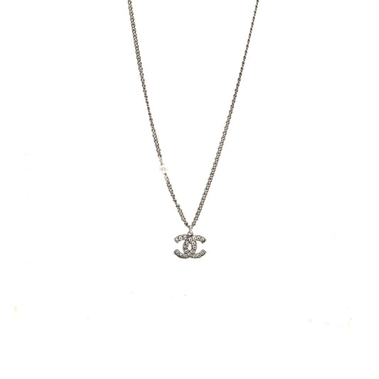 Chanel cc logo necklace crystal/pearl ruthenium hardware