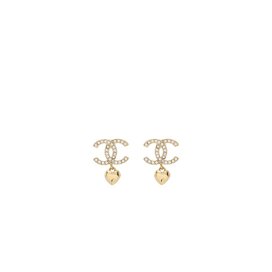 Chanel CC Logo Heart Earrings Crystal GHW