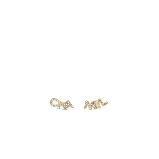 Chanel Crystal Letter Logo Earring Light Gold Tone