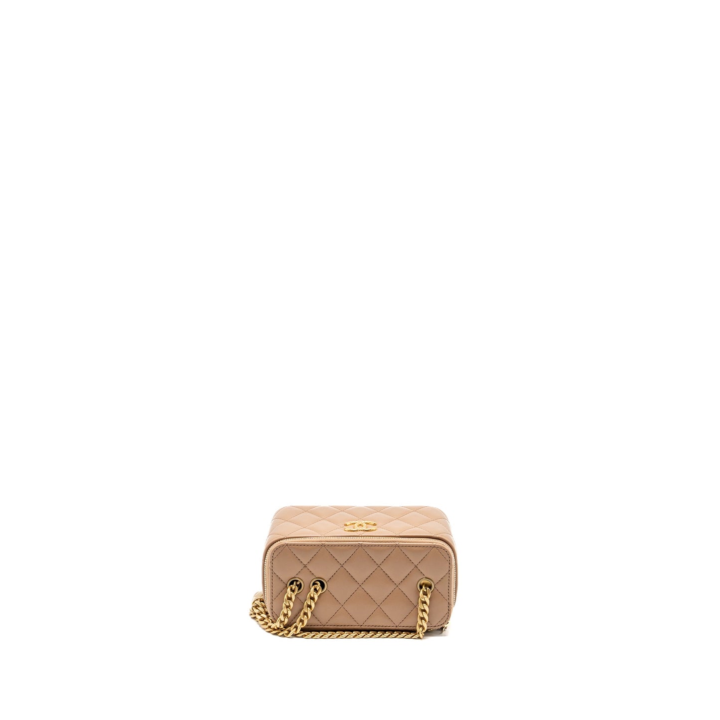 Chanel gold pillar long vanity case with adjustable chain lambskin dark beige GHW (microchip)
