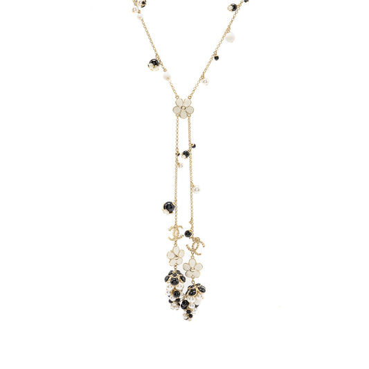 Chanel CC Camellia Grape Long Necklace Pearl/Crystal/Black Beads Light Gold Tone