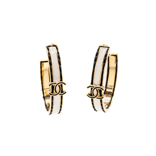 Chanel Enamel mini CC Logo Hoop Earrings Light gold tone