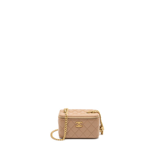 Chanel gold pillar long vanity case with adjustable chain lambskin dark beige GHW (microchip)