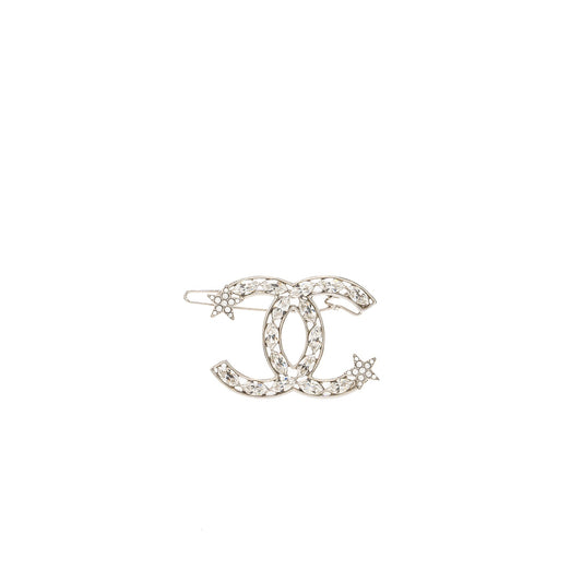 Chanel Giant CC logo hair clip with crystal silver tone