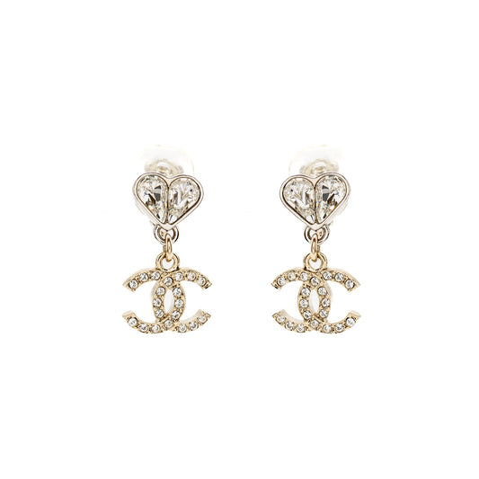 Chanel Crystal Heart CC logo Dropped Ear Clips Silver Tone