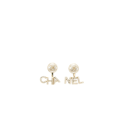 Chanel Letter/CC Logo Earrings Crystal/Pearl Light Gold Tone