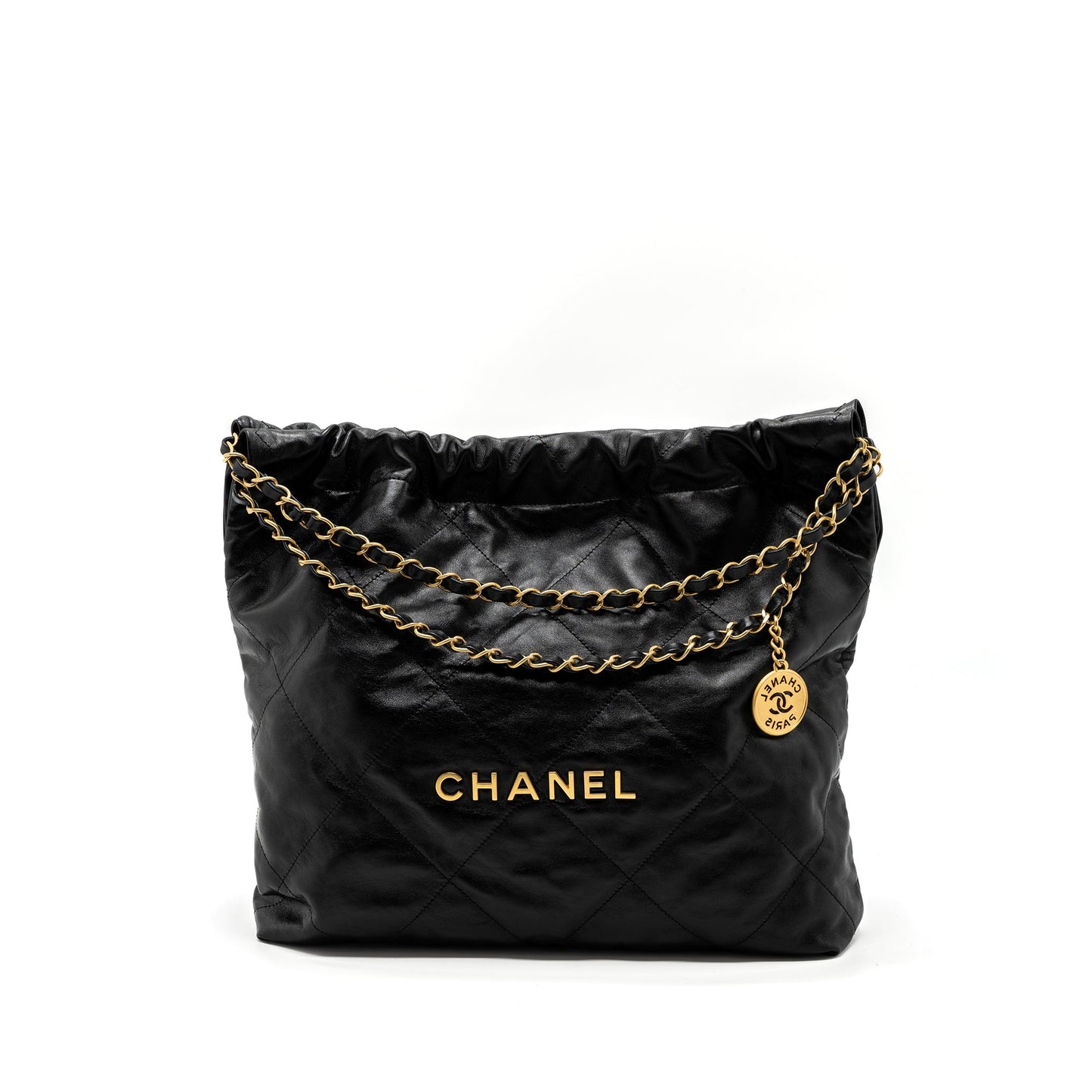 Chanel Medium 22 Bag Shiny Calfskin Black Brushed GHW(Microchip)