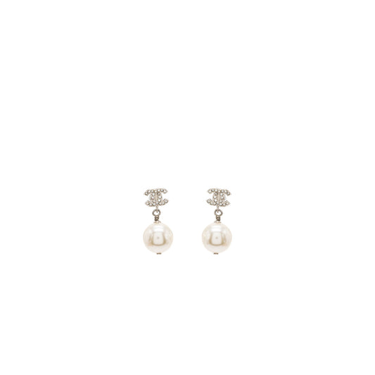 Chanel CC Logo Pearl Dropped Earrings Silver Tone