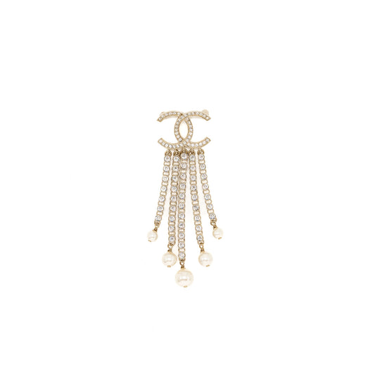 Chanel CC logo with crystal dropping brooch light gold tone