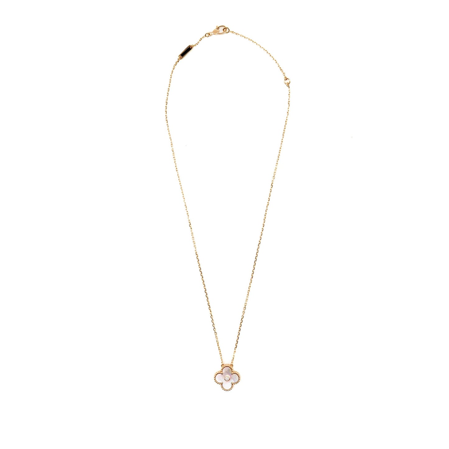 Van Cleef and Arpels and Arpels 2025 holiday pendant pink mother of pearl rose gold with diamond