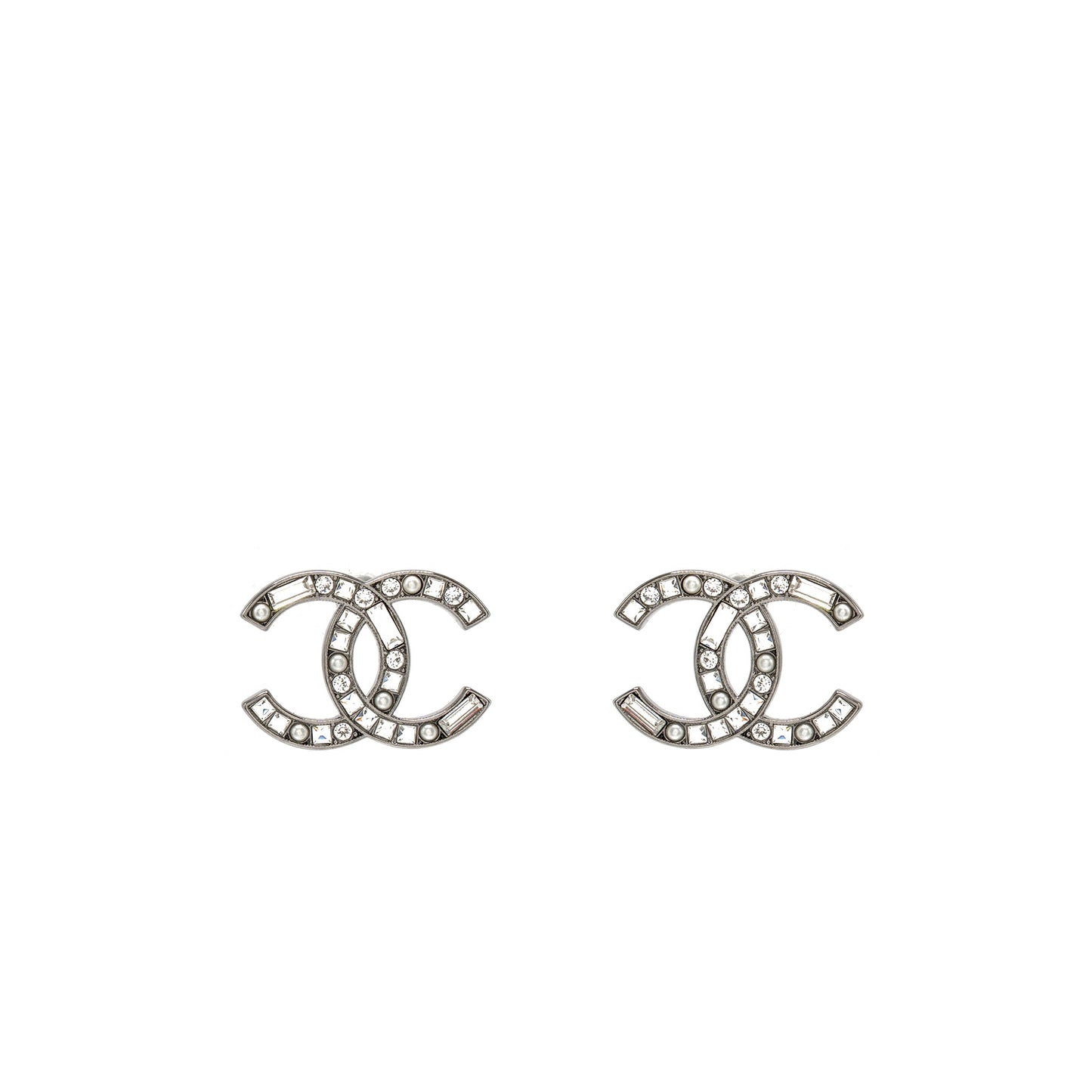 Chanel CC Earrings Crystal/Pearl Silver Tone
