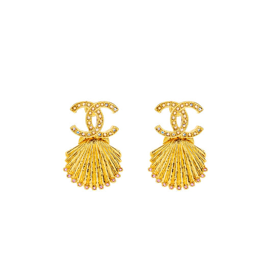 Chanel CC Shell Earrings Crystal Multicolour Gold Tone