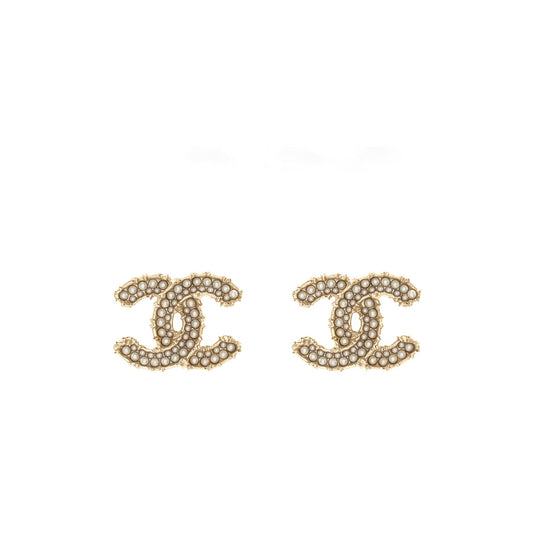 Chanel CC logo with mini pearl deco earrings light gold tone