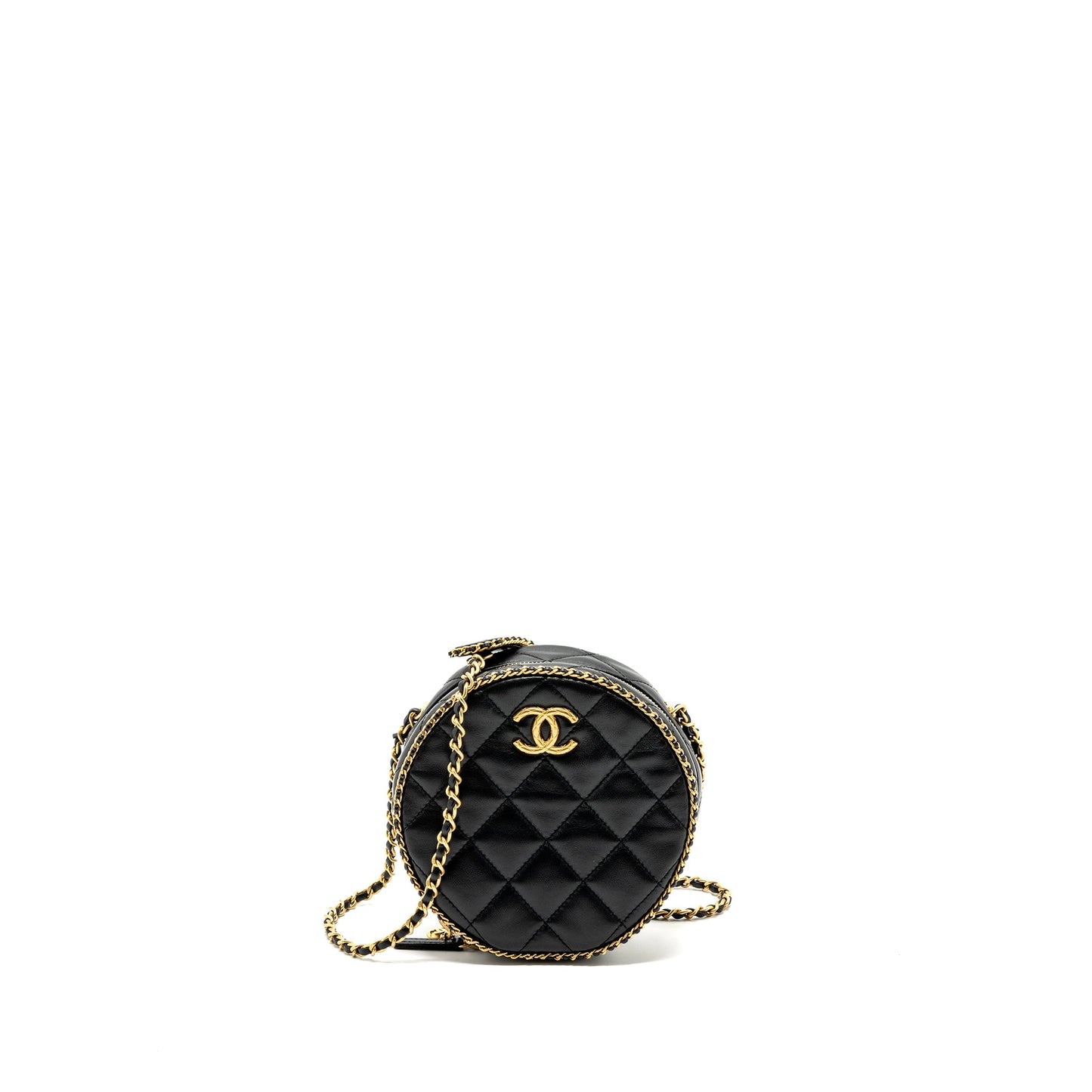 Chanel Round Vanity With Chain Lambskin Black GHW (microchip) no