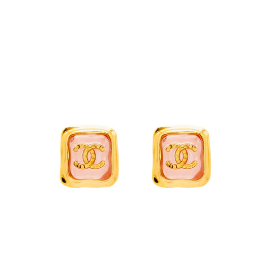 Chanel Pink Resin Square CC Earrings Gold Tone