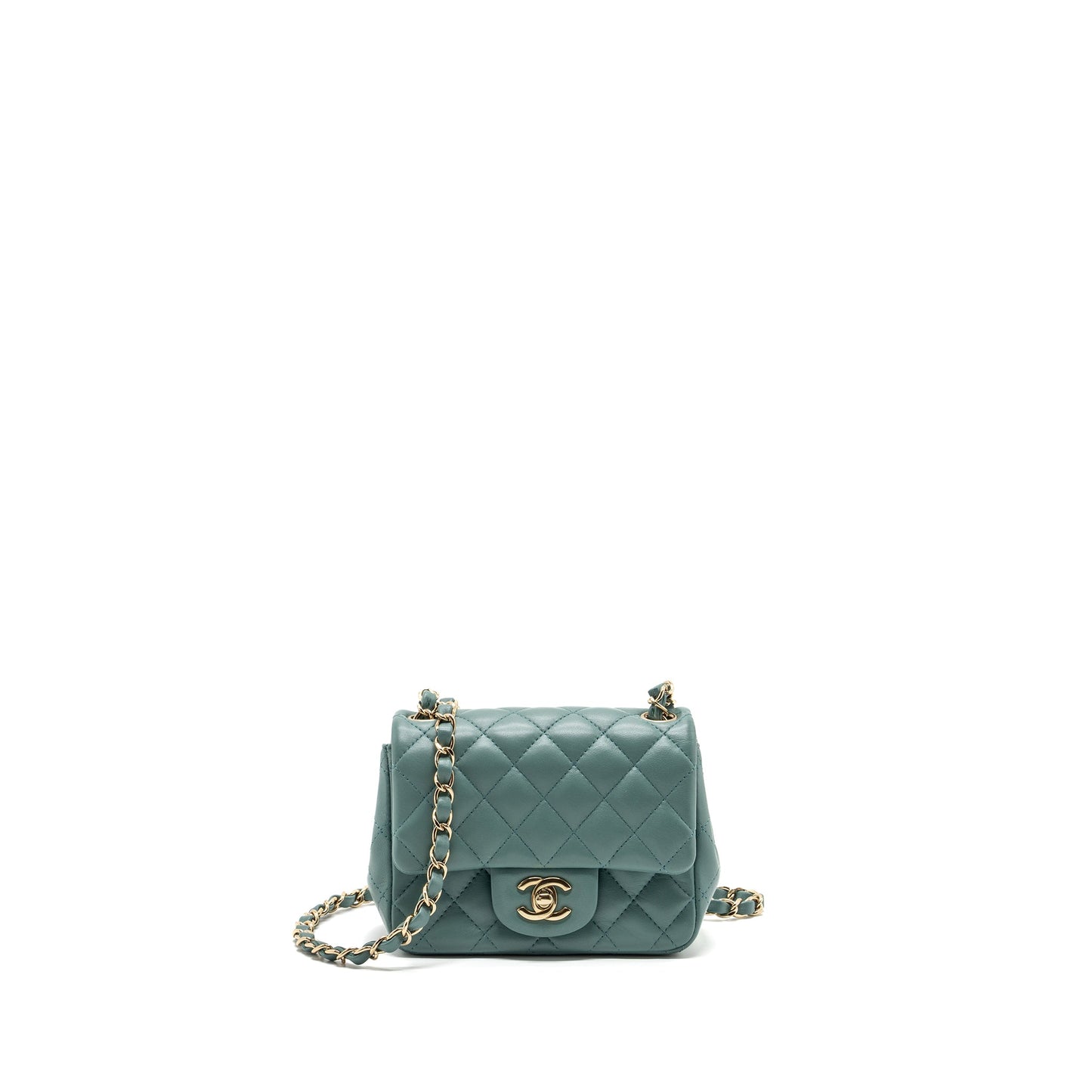 Chanel classic mini square flap bag lambskin green LGHW (microchip)
