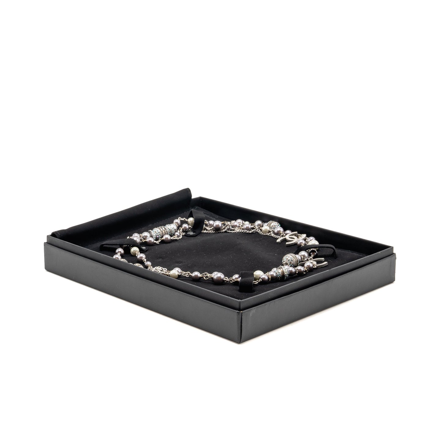 Chanel Crystal/Pearl CC Logo Long Necklace Silver Tone