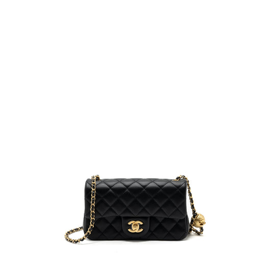 Chanel 23k Pearl Crush Mini Rectangular Flap Bag Lambskin Black Brushed GHW(Microchip)