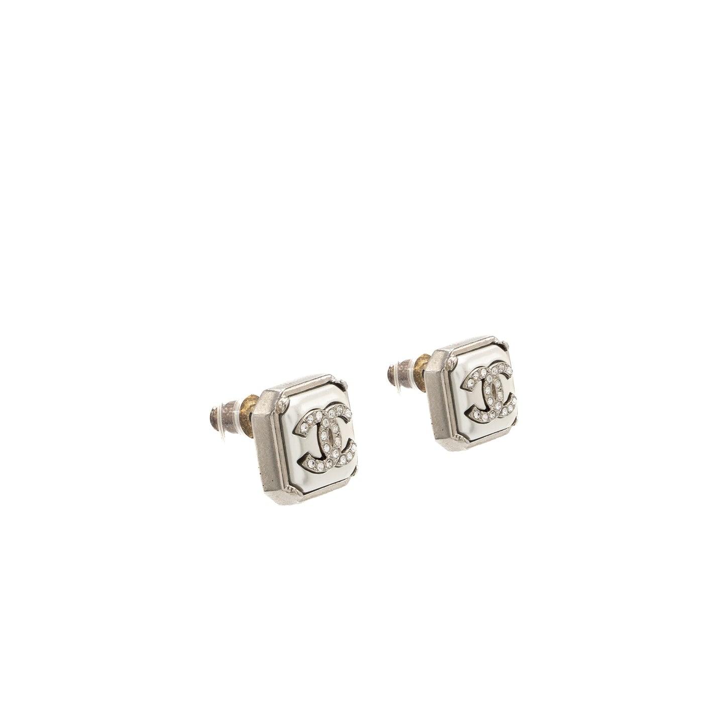 Chanel Square CC Logo Earrings Crystal SHW