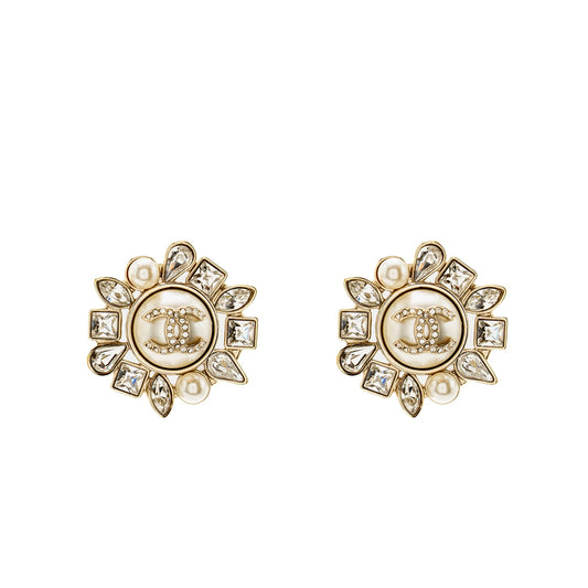Chanel Giant Geometric CC Logo Earrings Pearl/Crystal Light Gold Tone