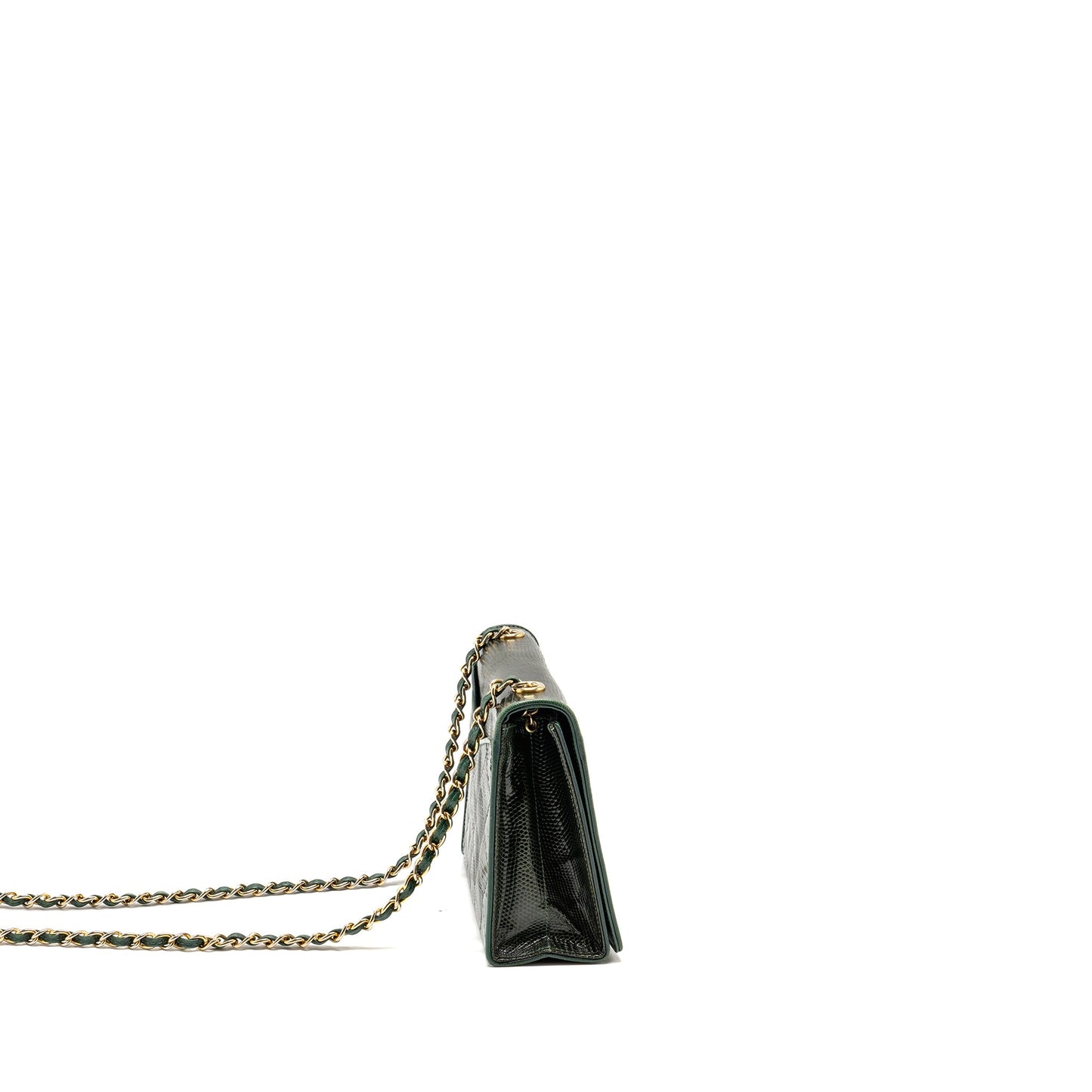 Chanel Vintage Envelop Flap Bag With Chain Lizard Dark Green GHW