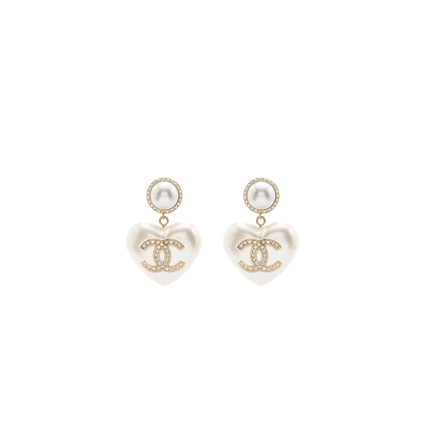 Chanel Heart Pearl Crystal CC Logo Earrings LGHW