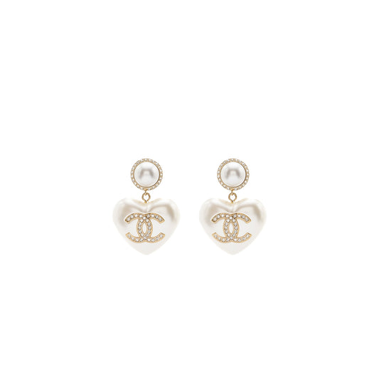 Chanel Heart Pearl Crystal CC Logo Earrings LGHW