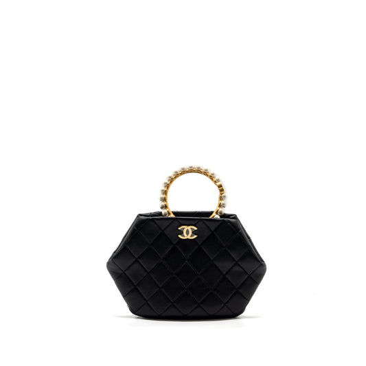 Chanel pearl round handle evening clutch lambskin black GHW (microchip)