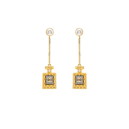 Chanel Perfume Bottle Drop Earrings Pearl/Crystal Gold Tone