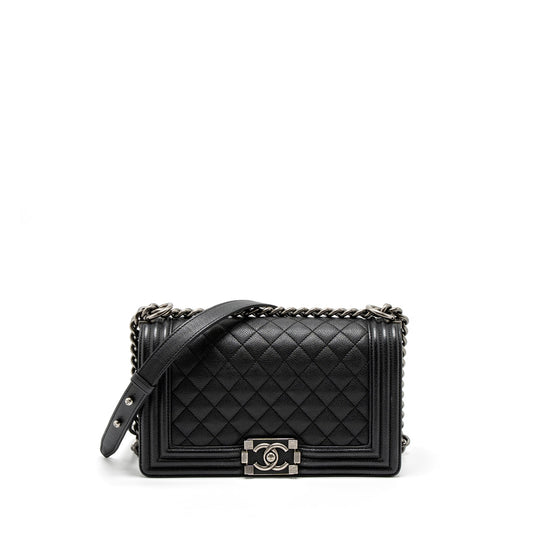 Chanel Medium Boy Bag Grained Calfskin Black Ruthenium Hardware