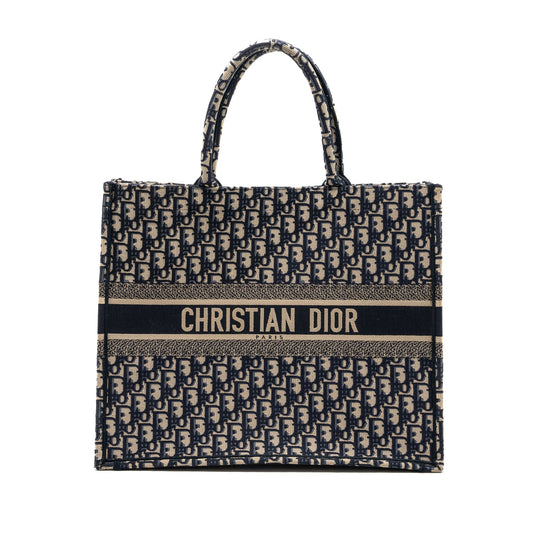 DIOR large book tote ecru and blue Dior oblique embroidery