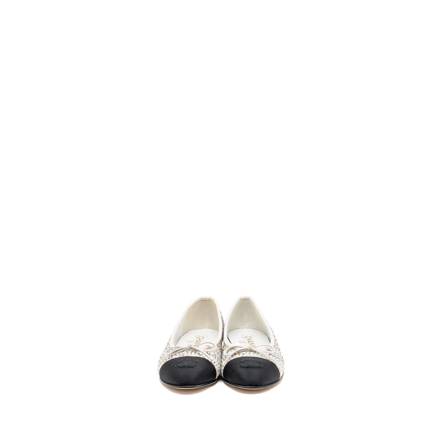 Chanel Size 37.5 23C Ballerinas Flat Shoes Glittered Fabric/Grosgrain White/Multicolour/Black