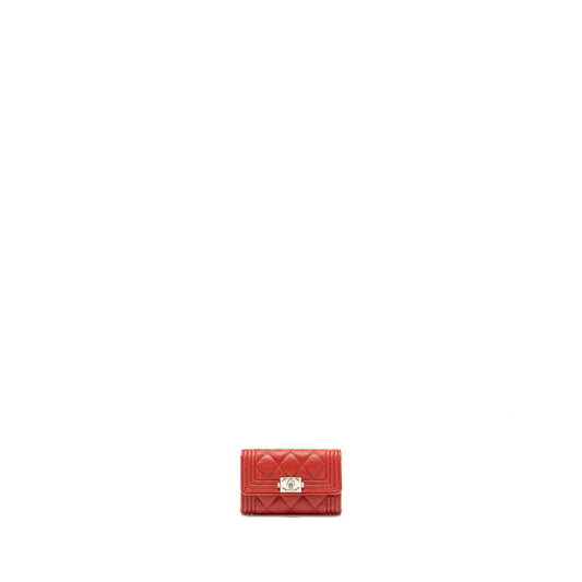 CHANEL Boy Flap Card Holder Caviar Red SHW