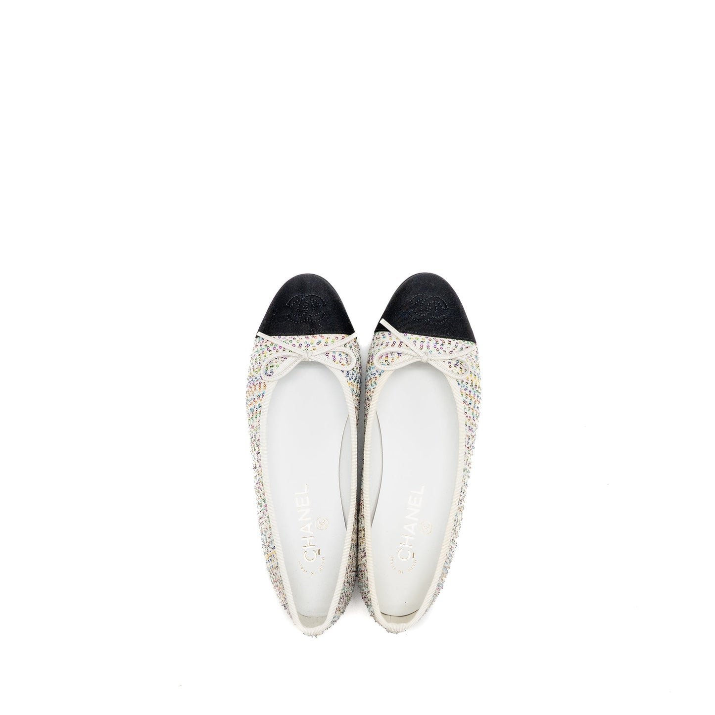 Chanel Size 37.5 23C Ballerinas Flat Shoes Glittered Fabric/Grosgrain White/Multicolour/Black
