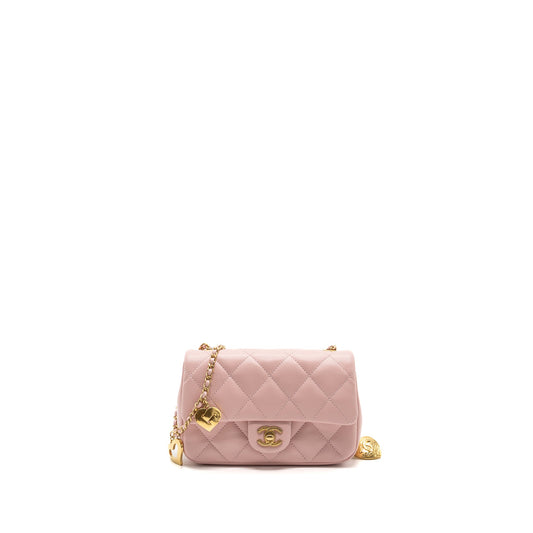 Chanel Quilted Flap Bag With Heart Charm on Chain Lambskin Light Pink GHW (microchip)