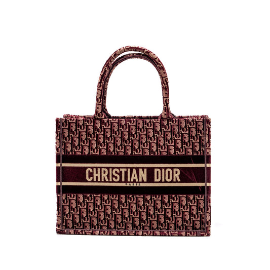 Dior Medium Book Tote Oblique Embroidery Velvet/ Canvas Dark Red