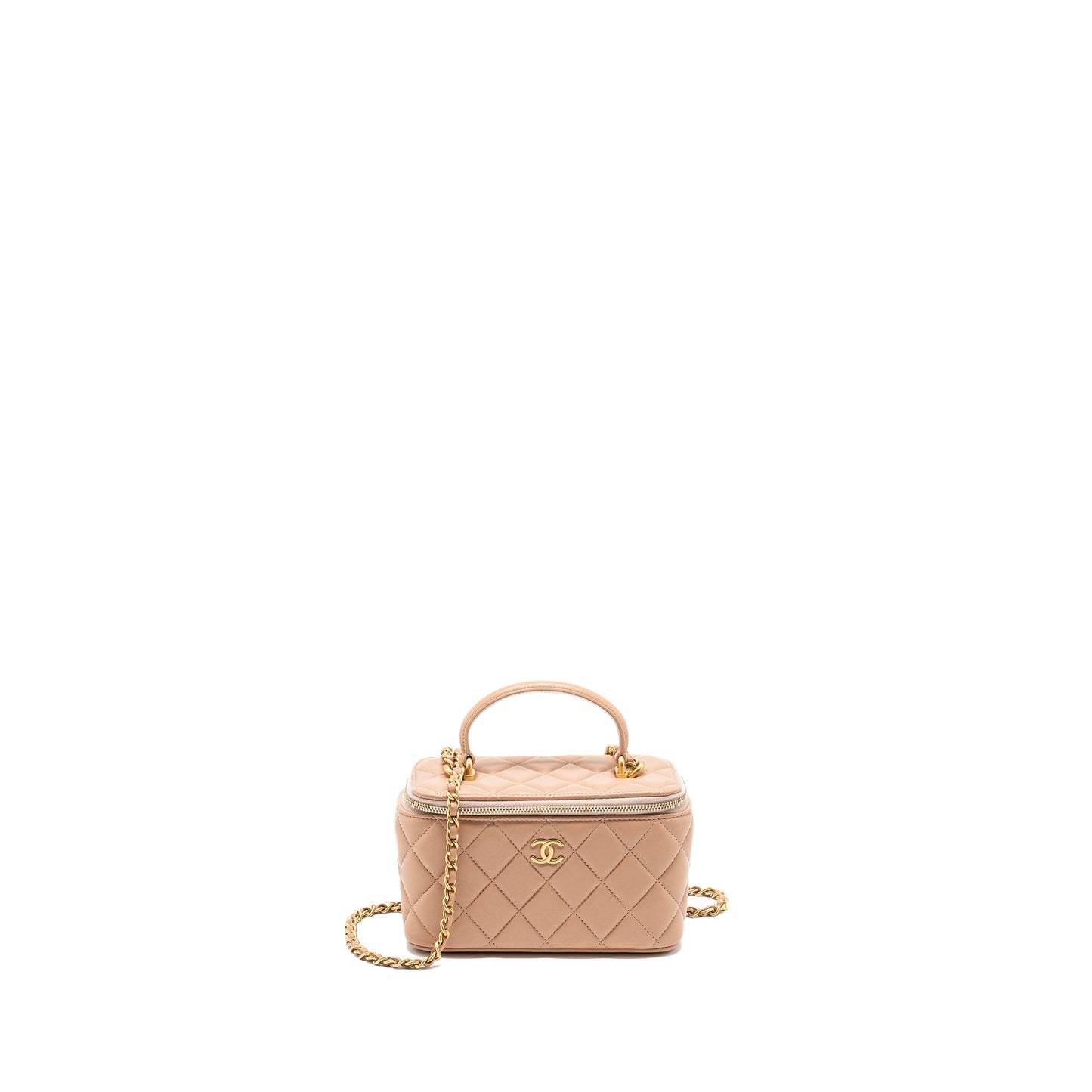 Chanel Top Handle Long Vanity With Chain Lambskin Beige Brushed GHW