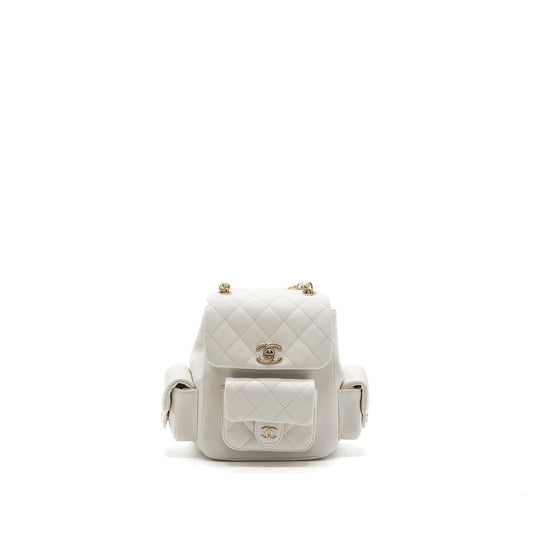 Chanel 23k Triple Pocket Mini Backpack Caviar White LGHW(Microchip)