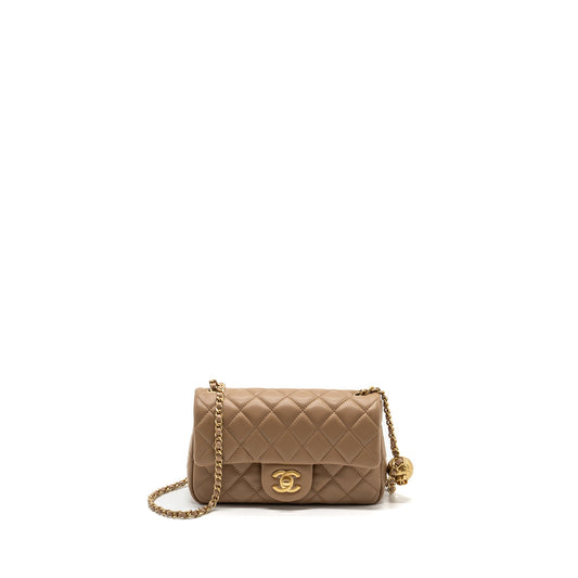 Chanel 22B pearl crush mini rectangular flap bag lambskin dark Beige GHW (Microchip)