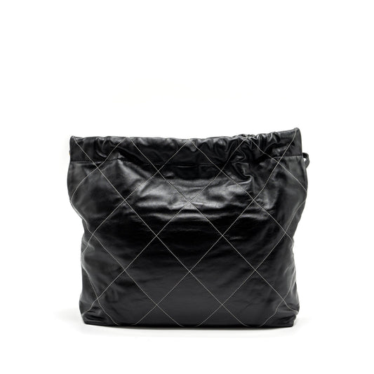 Chanel Medium 22 Bag Shiny Calfskin Black With White Stitching Gold Letter GHW (Microchip)