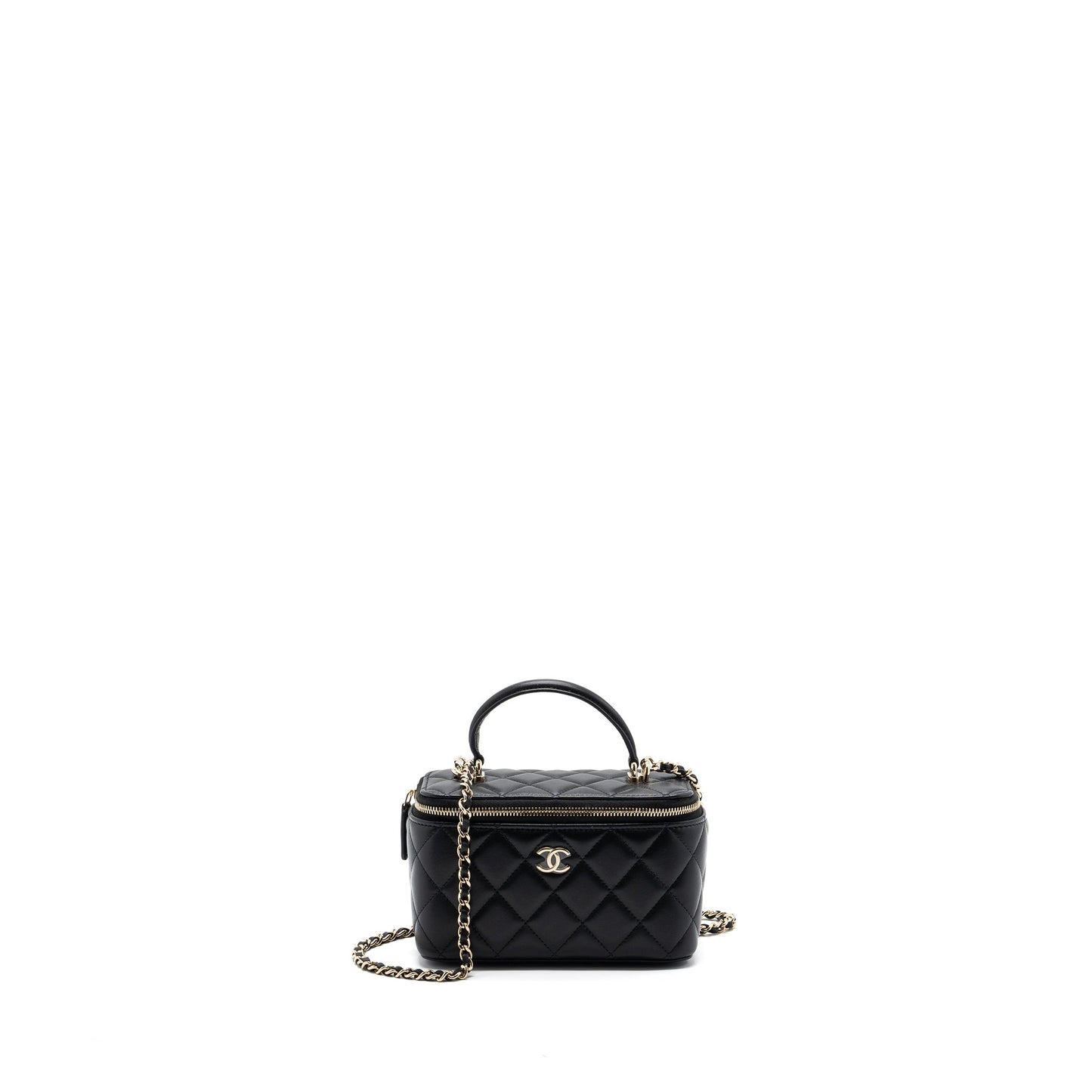 Chanel Top Handle Long Vanity With Chain Lambskin Black LGHW(Microchip)