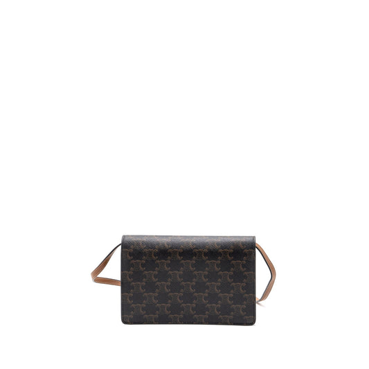 Celine wallet on strap triomphe canvas / smooth lambskin tan with GHW