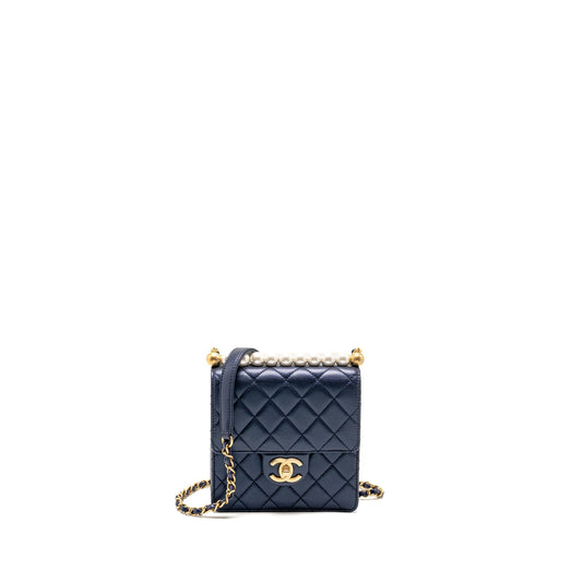 Chanel pearl decorated quilted flap bag lambskin navy GHW