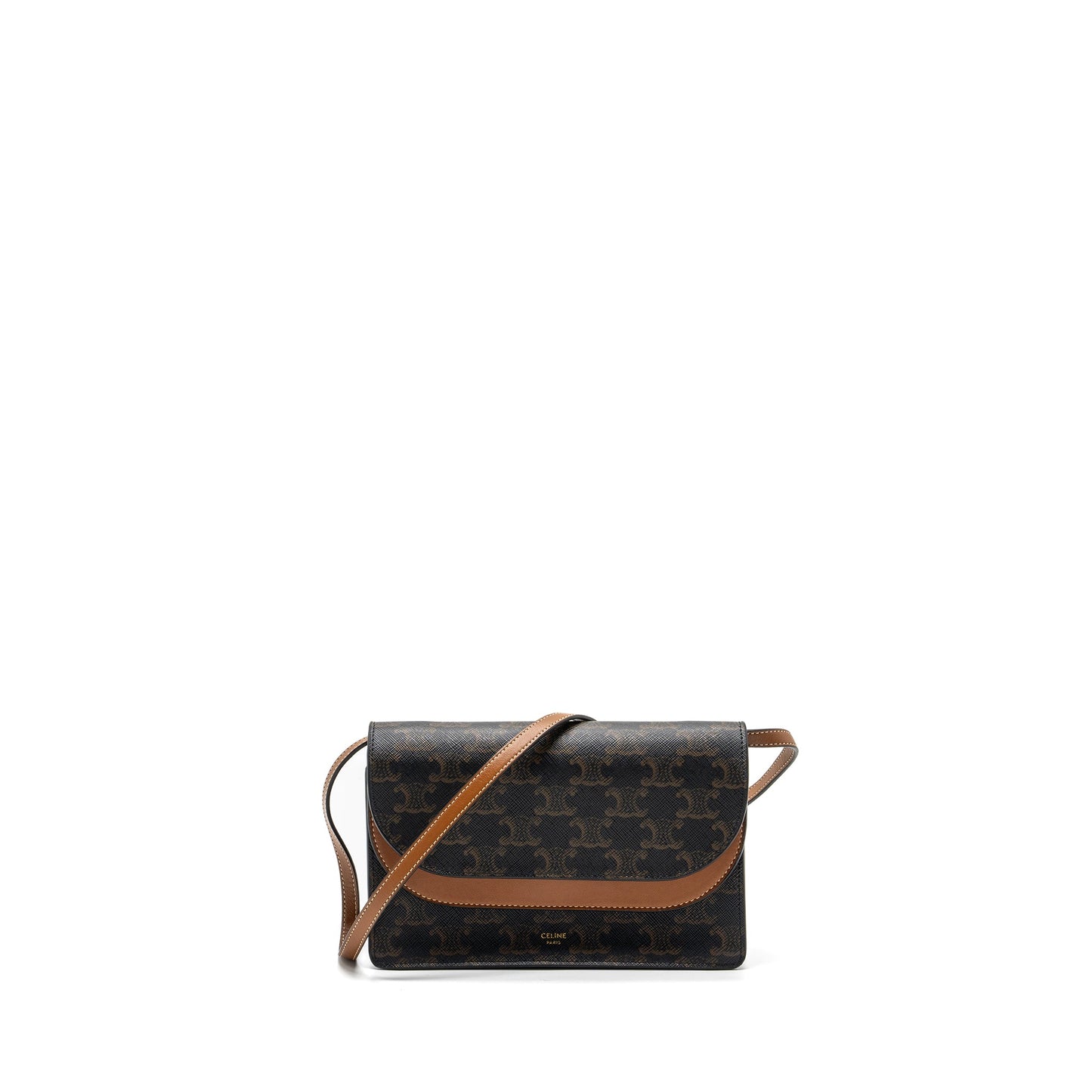 Celine wallet on strap triomphe canvas / leather tan GHW