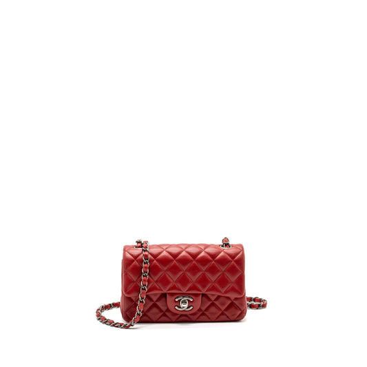 Chanel Classic Mini Rectangular Flap Bag Lambskin Red Ruthenium Hardware