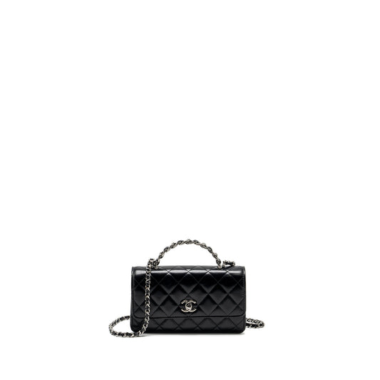 Chanel Crystal Top Handle Mini Flap Bag Calfskin Black with Black Hardware (Microchip)