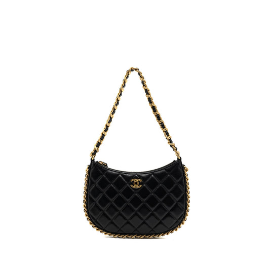 Chanel 23b Hobo Shoulder Bag Lambskin Black Brushed GHW(Microchip)