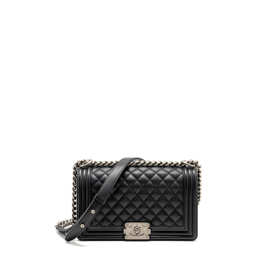 Chanel Medium Boy Bag Caviar Black Ruthenium Silver Hardware (Microchip)