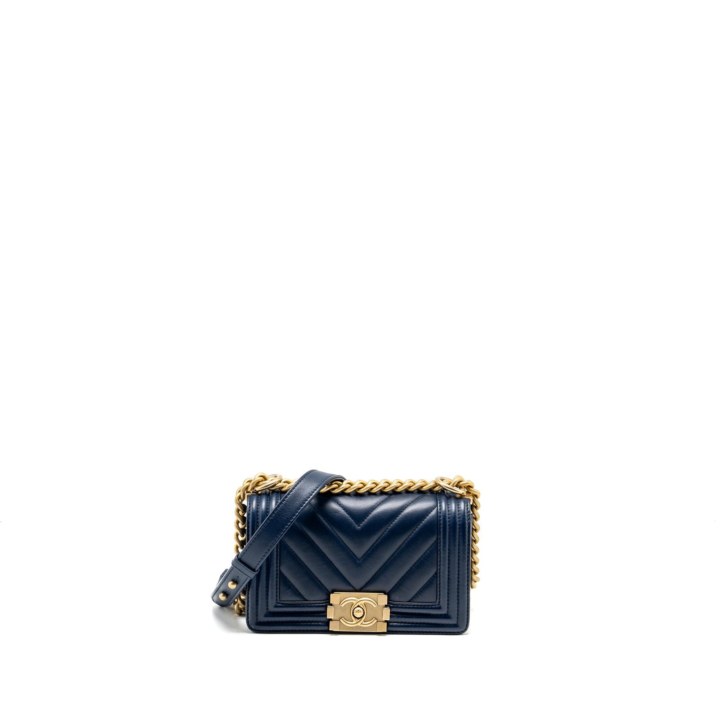 Chanel Small Chevron Boy Bag Lambskin Navy GHW