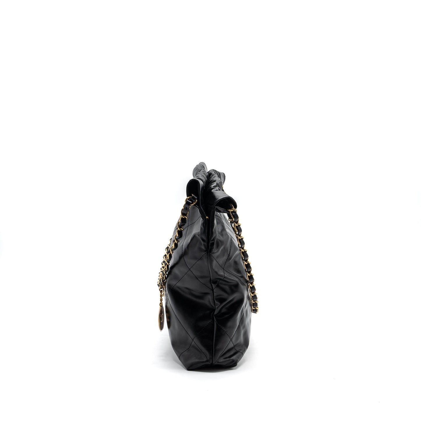 Chanel Small 22 Bag Gold Letter Shiny  Calfskin Black Brushed GHW (Microchip)